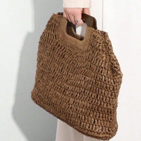 Boho straw large tote top handle summer bag - Picture 5 of 16